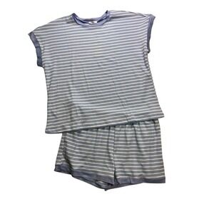 Ekouaer Pajama Set Women 2XL Blue White New Striped Waffle Knit Shorts Tee
